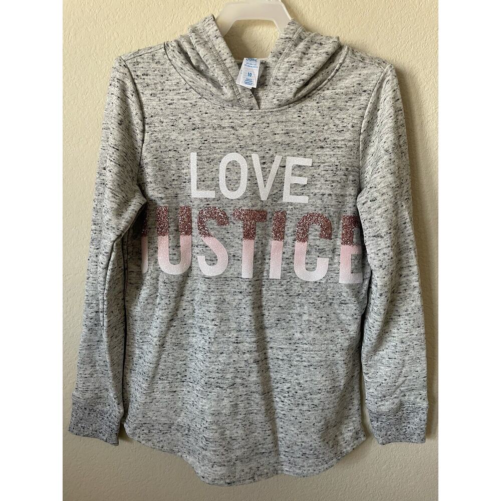 Justice Gray Pink Ombre Glitter Sparkle Love Logo Girls’ Pullover Hoodie Size 10